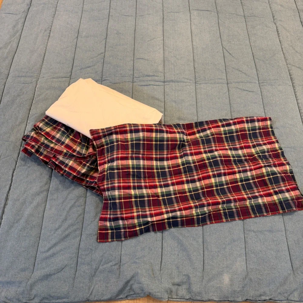 VTG Ralph Lauren Denim Comforter Set Blue Jean Flag Logo Plaid Sham/Skirt Queen